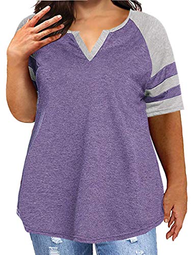 Yskkt Womens Plus Size V Neck Raglan Short Sleeve T Shirt Loose Striped