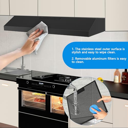 Upgraded 600 CFM Range Hood 36 inch, Black Under Cabinet Range Hood for Duct/Ductless Convertible, Stainless Steel Kitchen Stove Vent with 3 Speed Kitchen Exhaust Fan and Two Bright Energy-Saving LED