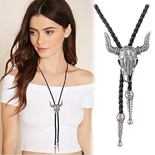AZORA Silver Bolo Tie for Men Texas Longhorn Buffalo Steer Cow Skull Choker Necklace Western Cowboy Necktie for Women