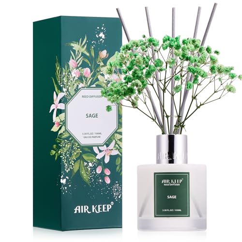 Image of Airkeep Reed Diffuser Set, 3.38 fl oz (100 ml) - Sage Lemon Oil Diffusers with 8 Reed Sticks, Home Fragrance Reed Diffuser for Bathroom Shelf Decor