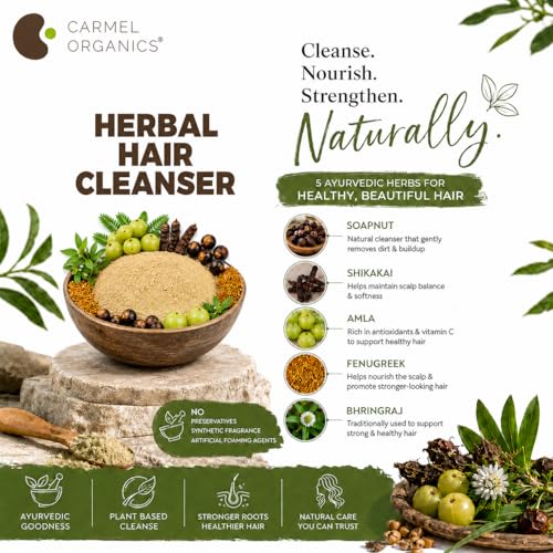 Image of CARMEL ORGANICS Herbal Hair Cleanser Powder 340 Grams | Blend of Soapnut, Shikakai, Amla, Fenugreek & Bhringraj Powder, Nourishes the Scalp and Hair With Essential Nutrients