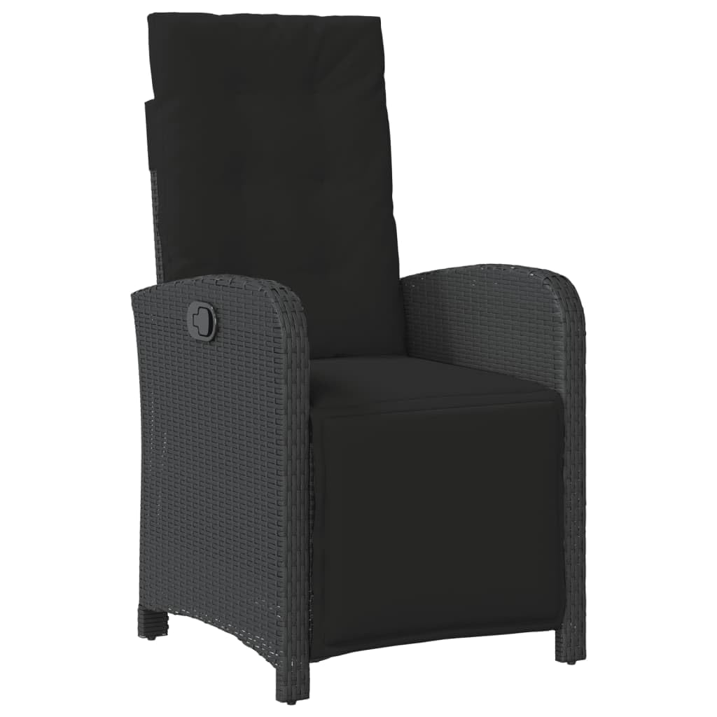 Poltrona da giardino regolabile con poggiapiedi in polyrattan nero, poltrona da giardino con copertura impermeabile, facile da pulire con cuscino rimovibile