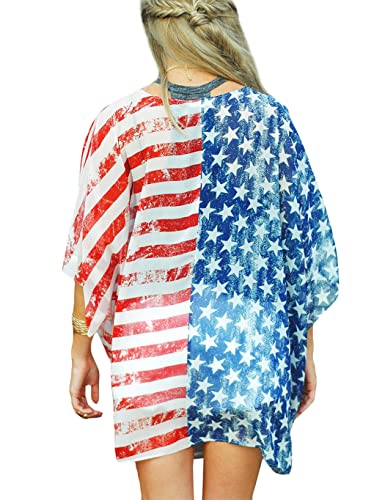 Image of Women's American Flag Kimono Cardigan 4th of July Cover Up Lightweight Patriotic Kimono Cover Up