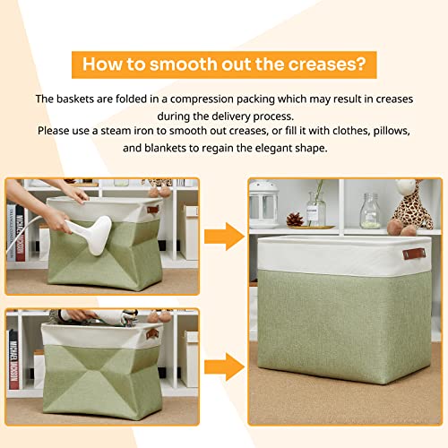 Image of DULLEMELO Large Storage Basket 17 inchx12 inchx15 inch, Fabric Storage Organizer Basket for Storage Clothes, Large Fabric Bin for Organizing Book, Storage Bin with Handles for Storage Toy (White&Green)