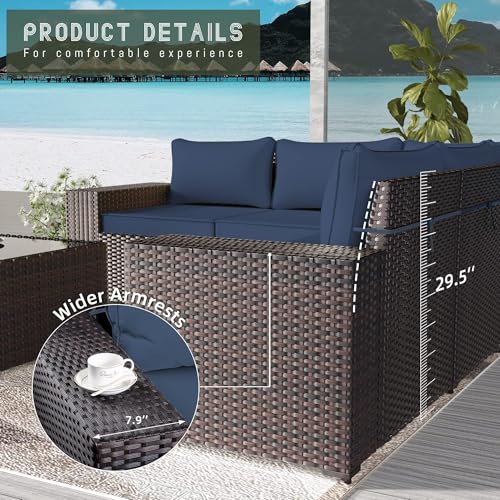 Image of 7 PCS Outdoor Patio Furniture Set,Outdoor Sectional Furniture with 43 inch 55000 BTU Gas Propane Fire Pit Table,All Weather PE Rattan Wicker Patio Conversation Set,Navy Blue