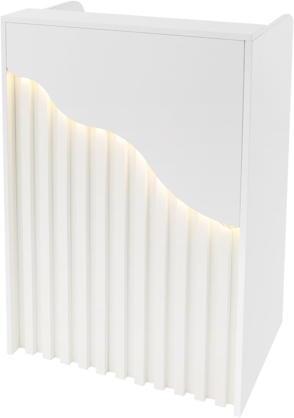 Reception Desk with Streamlined Shape LED Light, Simple Grille Modern Front Desk with Lockable Drawer, Reception Counter for Clothing Salon Shop Hotel, 23.6 * 15.7 * 37.8in (Oak Color)