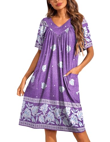 Image of Ekouaer Womens House Dress Floral Print Nightgown with Pockets Mumu Dress | V Neck Nightgowns for Women Pleated Short Sleeves Mumu Dresses Knee Length Moo Moo for Sleep, Daily Wear, Vacation, Party
