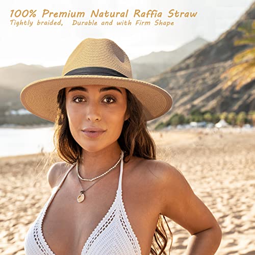 Panama Hat For Women Men,Raffia Straw Sun Hat Summer Beach Hats Wide Brim Fedora Foldable Vacation Travel Packable Cap Khaki #TOP3