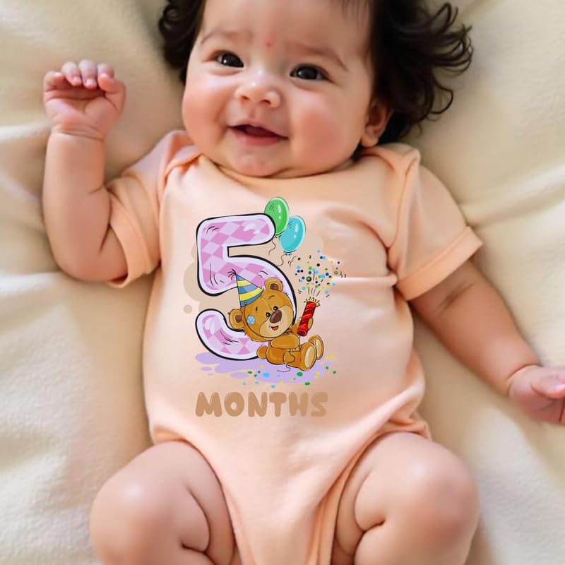 Image of Knitroot Monthly Birthday Teddy Special, Newborn Baby Half Sleeve Unisex Romper, Onesies, Sleepsuit, Body Suit, Envelope Neck, 1 to 12 Months Print, 0-12 Months, Infant Cloth for Boys & Girls