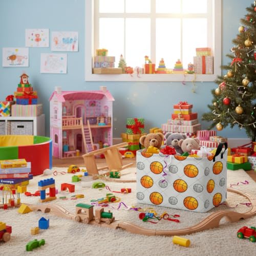 Image of Kid Cute Nursery Storage Basket Baby Toy Clothes Storage Bin Playroom Bedroom Decor Gift Basket (Basketball)