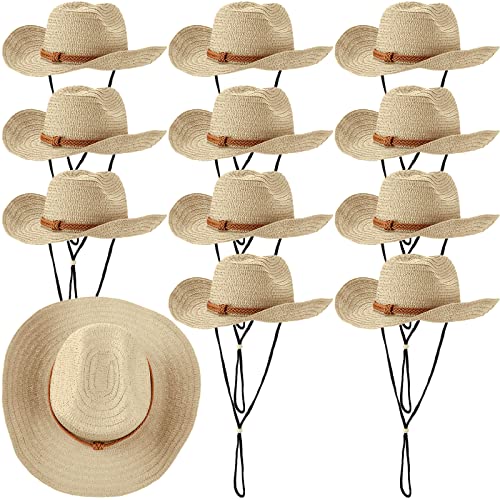 JaGely 12 Pcs Straw Cowboy Hat for Men Women Western Party Sun Protection Hat Wide Brim Cowgirl Costume Accessories for Summer Beaches Outdoor Adventures Fishing Riding Camping Garden Yard Work Beige