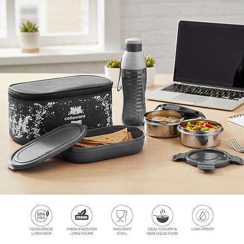 Image of CELLO Gemini Lunch Box Gift Set of 3 Pieces with Bag for Office Use, Grey | 300ml x 2 Steel Round Containers, 500ml x 1 Oval Container with 600 ml Water Bottle, Leak Proof Tiffin Set for School Travel