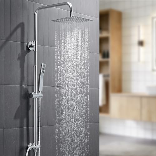 Auralum Columna Ducha sin Grifo, Set de Ducha con Cabezal de Ducha Lluvia 20×20 cm Cuadrado Acero Inoxidable, Alcachofa, Barra de Ducha Altura Regulable 68-108cm, válvula desviadora de Latón, Cromo