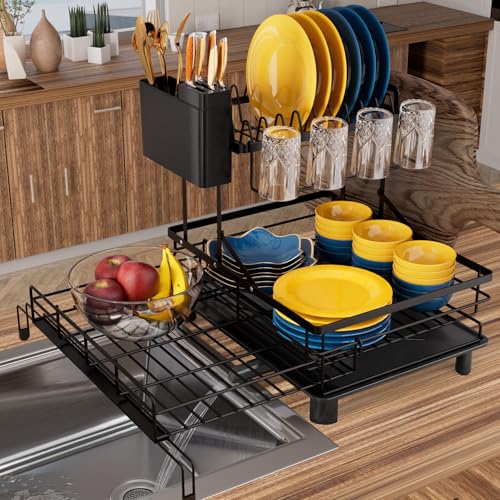 YEYPOP Expandable Dish Drying Rack, Stainless Steel 2 Tier Dish Rack w Drainboard, Large Dish Drainer for Kitchen Counter, Cup Holder and Cutting Board Rack (B-Black)