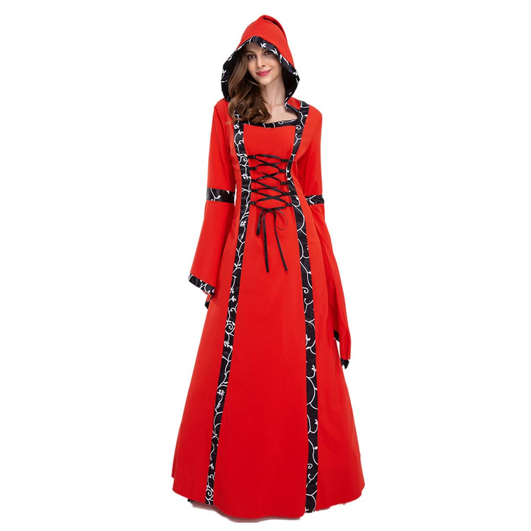 Kobiety Halloween retro kostium sądowy średniowieczny gotycki trąbka rękaw sukienka z kapturem dla dorosłych przebranie na karnawał akcesoria
