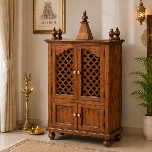 Image of Varsha Furniture Sheesham Wood Temple for Home with Doors and Storage Cabinet s | Home Puja Mandir