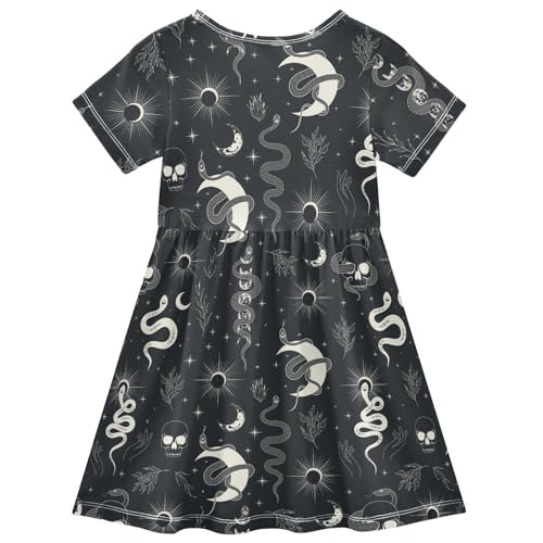 Girls Summer Dress Short Sleeve A Line Witchy Snake Crescent Moon Casual Dresses for Kids 2-8 Years2