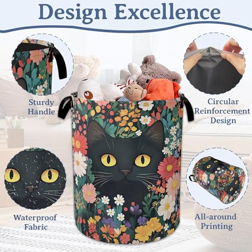 Image of Cute Funny Black Cat Laundry Basket,Oxford Cloth Flower Laundry Hamper With Handle Foldable Portable Clothes Storage Basket for Laundry Room /Bedroom /Bathroom 20.8 inchx16 inch