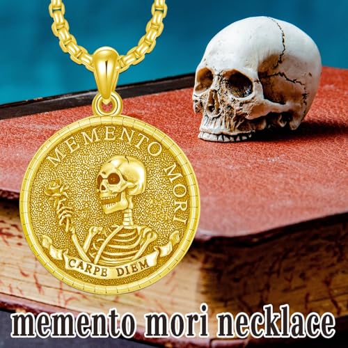 PELOVNY Memento Mori Necklace 925 Sterling Silver Stoic Skull Coin Pendant Necklace Carpe Diem Stoicism Skeleton Jewelry Gifts for Men Women Unisex2