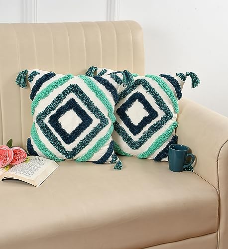 Image of TIB Premium Boho Decorative Throw Cushion Covers, 16 x 16 cm, Set of 2, Cotton. (Green Squares)