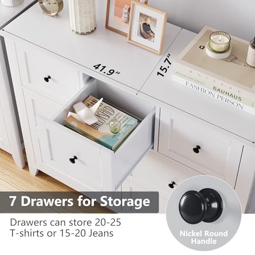 GarveeHome White 7 Chest of Drawer Dresser, Modern Storage Cabinet, Wood Organizer TV Stand for 48 inch TV, Bedroom, Living Room, Entryway