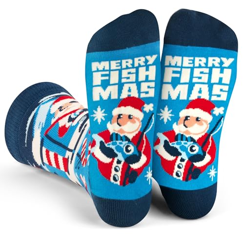 Lavley Funny Hunting & Fishing Socks for Men - Fun Gift Accessory for Guys who Hunt and Fish - One Size Fits Most Adults and Teens (US, Alpha, One Size, Regular, Regular, Merry Fishmas)