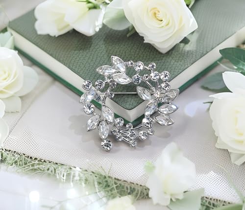 Image of Gyn&Joy Clear Crystal Rhinestone Floral Wreath Pin Brooch BZ005