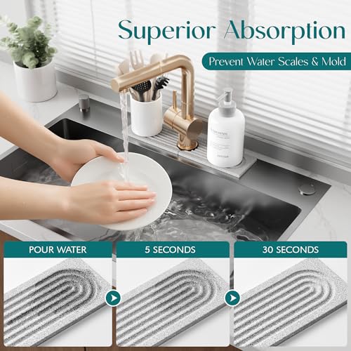 Image of Stone Faucet Mat for Kitchen Sink, Food-Grade Diatomite Stone Drying Mat for Kitchen Counter, 2026 Upgraded Dishwasher-Safe & Ultra Absorbent, Stone Dish Matt for Bottles Utensils (15.7 inch x 3.9 inch)