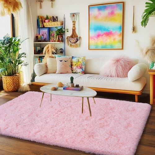 Pink Rug for Living Room, 6x9 Area Rug for Cute Girls Room, Bedside Indoor Floor Fluffy Shag Carpet, Plush Soft Rug for Bedroom Nursery Dorm Home Decor