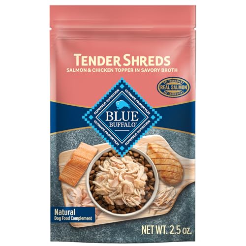 Blue Buffalo Tender Shreds Salmon & Chicken Toppers in Savory Broth Natural Dog Food Complement Salmon & Chicken 2.5-oz. Pouch 24-Count