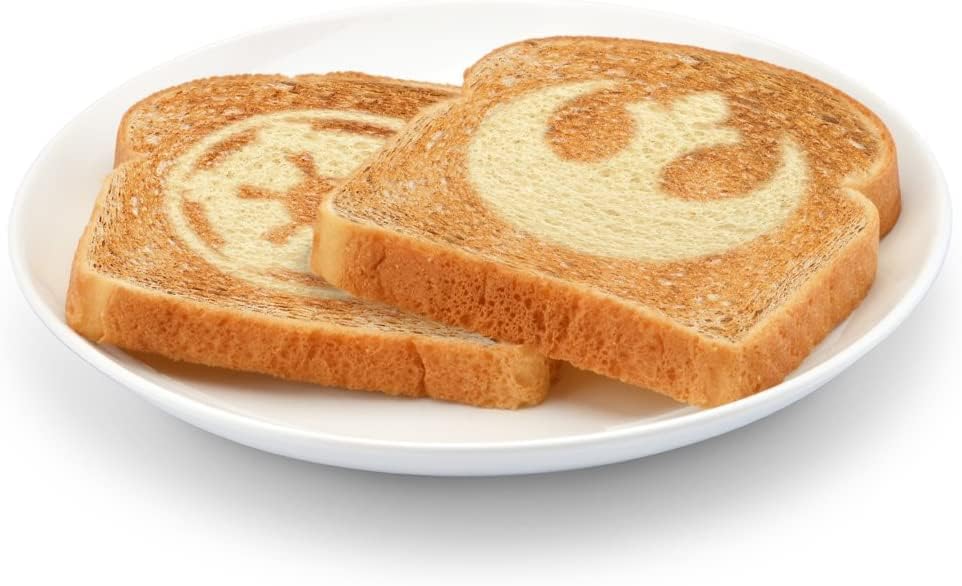 Two slices of toasted bread on a white plate, each with a Star Wars symbol imprinted