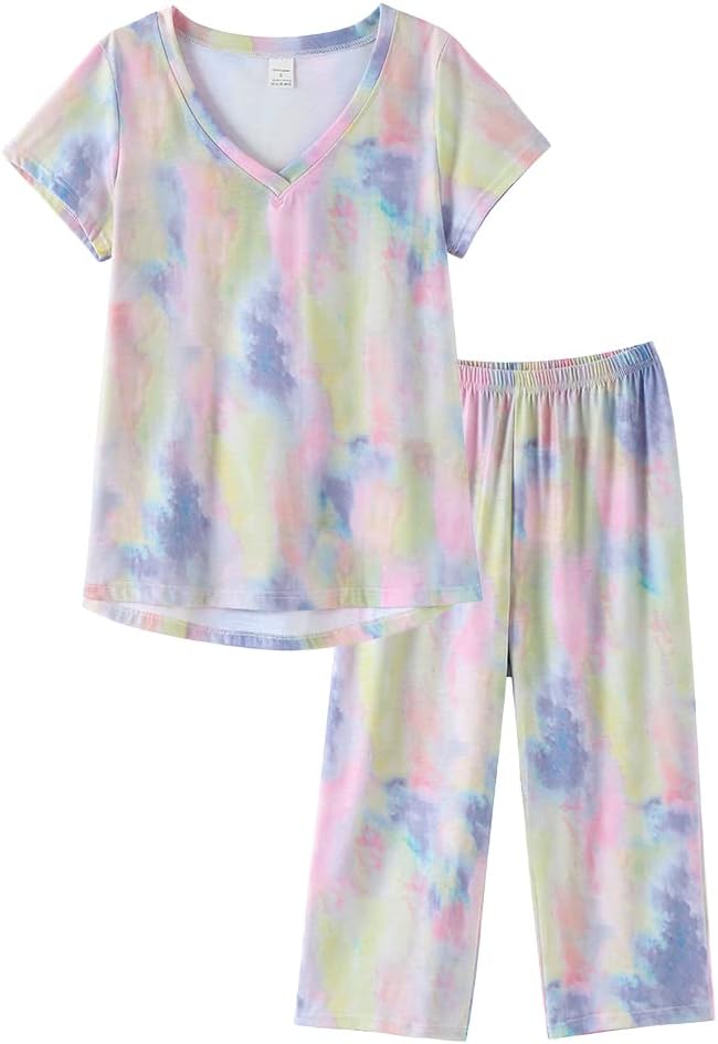 YIJIU Women Soft Comfy Pajamas Cute Cat Short Sleeve Capri Pants PJS Set 3X-Large Yellow Printed