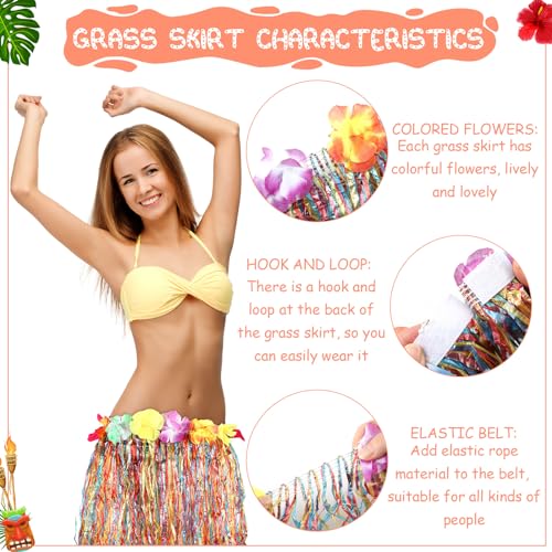 Unittype 36 Pcs Hawaiian Luau Hula Skirts Grass Skirts Elastic Hibiscus Flowers Colorful Luau Party Favors Tropical Decorations for Women Adults Summer Celebrations Party Supplies, 23.6 Inch3