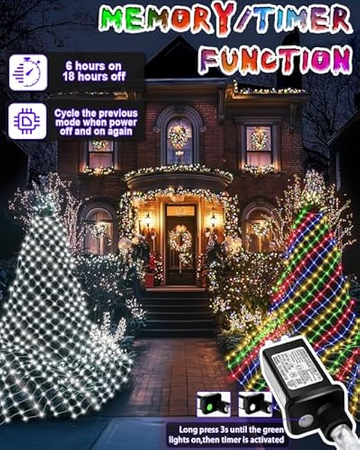 Christmas Net Lights 12ft x 5ft, 360 LED Outdoor Mesh Lights with 11 Modes, Waterproof Bush String Lights for Home Garden Yard Xmas Decorations Connecable, Timer (Cool White & Multicolor)