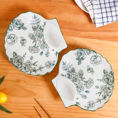 Image of Nestasia Set of 2 Ceramic Shell-Shaped Snack Plate with Dip Section for Chutney | Microwave & Dishwasher Safe Starter Plates | Perfect for Fries, Momos, Sushi, Kebab (White & Green)