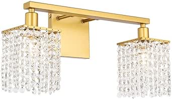 Living District Phineas Midcentury Modern 2 Light Bathroom Wall Sconce in Brass and Clear Crystals