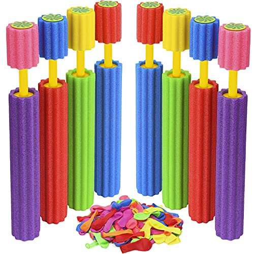 8 Packs Length 14In Water Blaster Value Set with 100 PCS Water Balloons, Water Blaster Soaker Gun Shoots Up to 35 Ft, Water Guns for Kids, Pool Water Guns for Boys& Girls& Adults in Beach/ Party
