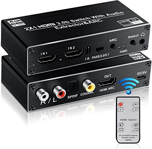 Image of MICROWARE HDMI Switch Audio Extractor, HDMI Switch Splitter 2 Inputs 1 Output with Remote 4K@60hz, 2-Port HDMI2.0b Switcher Box with Optical Toslink SPDIF+Coaxial+Analog RCA Stereo Audio Out