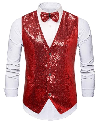 Panegy Herren Ärmellos Jacke mit Pailletten Weste mit Fliege Set Festival Karneval Disco Shiny Vest Herstellergröße S/DE Größe XS-B-Rot