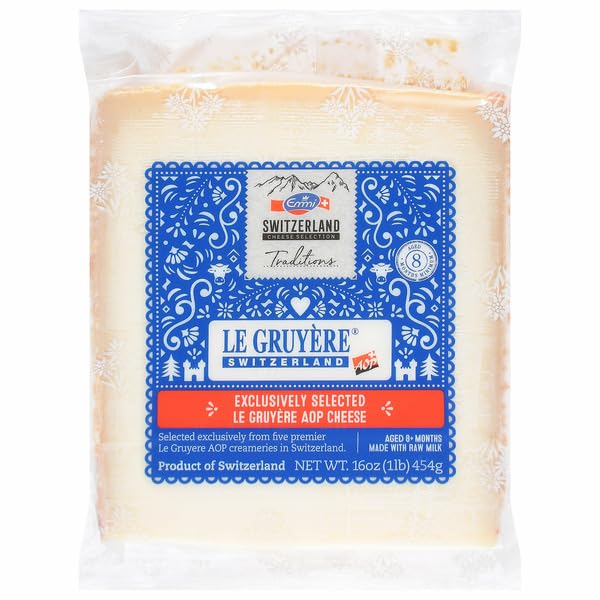 Le Gruyere AOP Cheese, 1 lb, Made with Raw Milk; Aged 8 Months Minimum; Non-GMO Certified; Product of Switzerland.