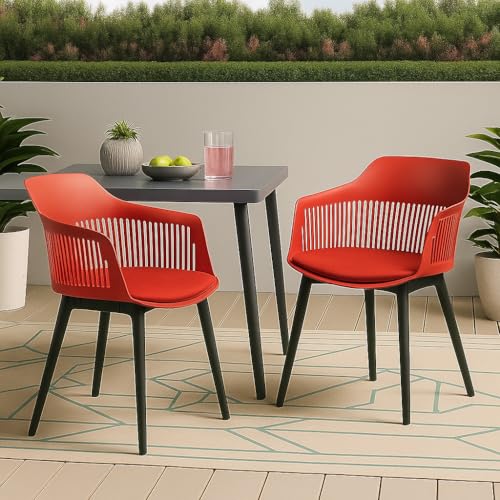 Image of Creative Red Plastic Dining Chairs Set of 2 | Armrest Spindle Back Design | Plastic Shell and Legs | 1.47 Feet Seat Height | Dining Kitchen Cafe Restaurant Living Room Home Use
