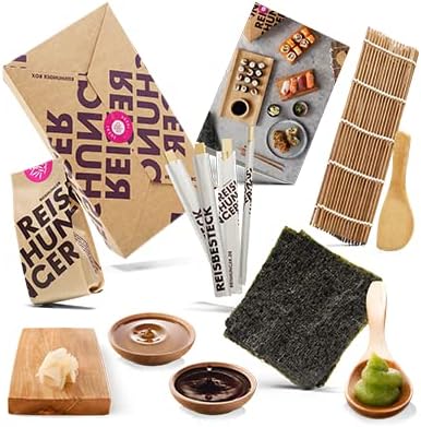 Reishunger Sushi Making Kit incl. Sushi Guide - Complete Set with Original Japanese Ingredients Like Sushi Rice, Rolling Mat, Soy Sauce, Noris, Wasabi, Ginger & Chopsticks - Also Perfect as a Gift