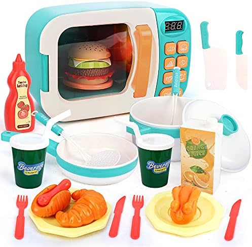Pretend Play Electronic Oven with Play Food,Kids Microwave Toys Play Kitchen Set,Cookware Pot and Pan Toy Set,Cooking Utensils,Learning Gift for Toddlers Kids Boys Girls