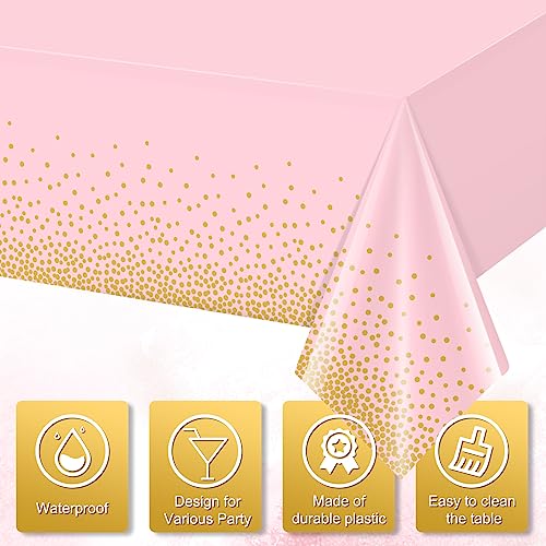 Image of FunnyPars 4 Pack Pink and Gold Plastic Tablecloth for Parties, Pink Disposable Table Cloth for Rectangle Tables, Gold Dot Confetti Light Pink Tablecloth for Birthday Wedding Baby Shower Party, 54x108