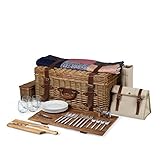 PICNIC TIME Charleston Luxury Picnic Basket for 4, Romantic Vintage English-Style Wooden Basket, Complete Deluxe Service With Blanket, Suitcase-style Handle and Genuine Cowhide Leather, (Beige Canvas)