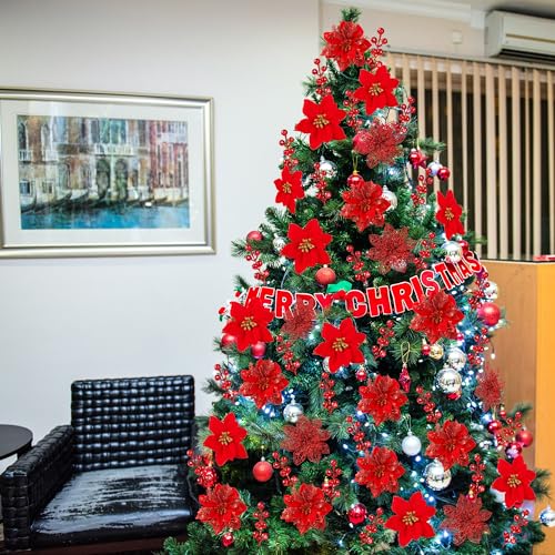 Sggvecsy-30-Pcs-3-Styles-Christmas-Glitter-Poinsettia-Flowers-Artificial-Berry-Picks-Christmas-Tree-Ornaments-Artificial-Christmas-Flowers-with-Clips-for-Xmas-Wedding-Wreath-Floral-DecorationsRed Sggvecsy 30 Pcs 3 Styles Christmas Glitter Poinsettia Flowers Artificial Berry Picks Christmas Tree Ornaments Artificial Christmas Flowers with Clips for Xmas Wedding Wreath Floral DecorationsRed