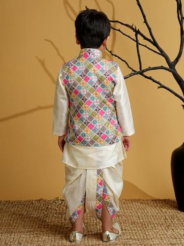 Image of AJ DEZINES Kids Silk Blend Full Sleeve Embroidered Dhoti Kurta Set for Boys - Ethnic wear | Traditional & Festival Wear|Waistcoat for boys - Regular Fit
