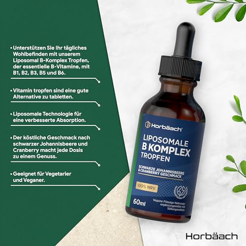 Liposomales Vitamin B Komplex Hochdosiert Druppels | 60ml | Alle 8 B Vitaminen mit Vitamin B1 B2 B3 B5 B6 Biotin Folsäure B12 | von Horbaach
