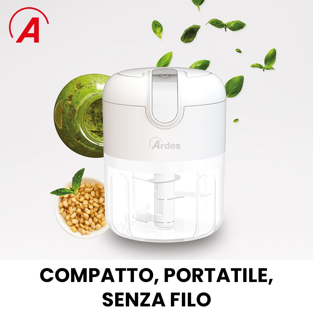 ARDES - ARCHOP02 Tritatutto da Cucina Elettrico Ricaricabile Senza Fili - Tritatutto Elettrico 3 Lame in Acciaio INOX - Mixer Cucina 250 ml - Trita Tutto Portatile