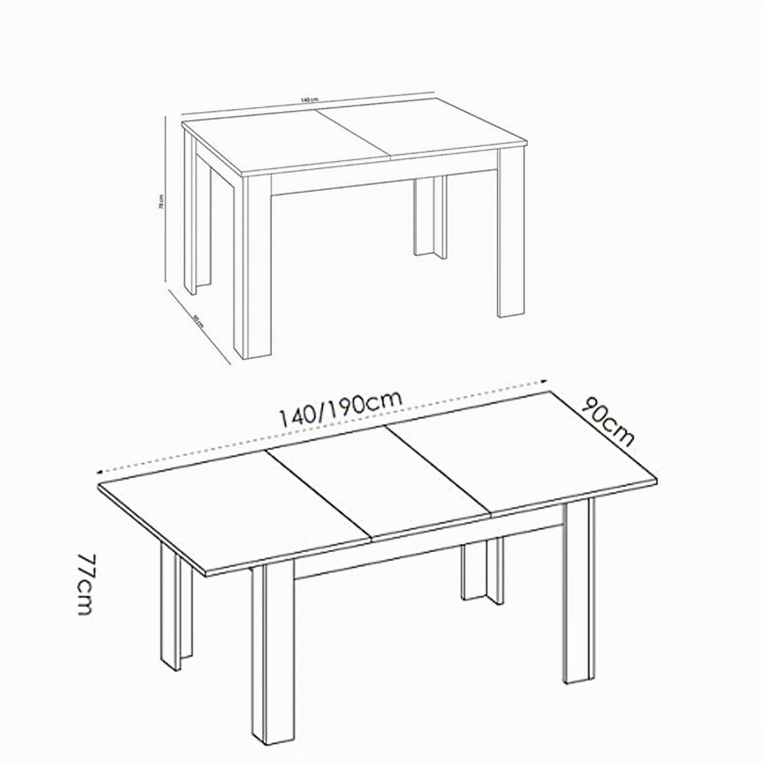 Mesa de Comedor Rectangular Moderna con diseño Extensible Acabado Blanco Brillo de: 140 cm de Ancho, 77 cm de Alto y 90 cm de Profundidad. Extensible hasta 190 cm de Ancho.